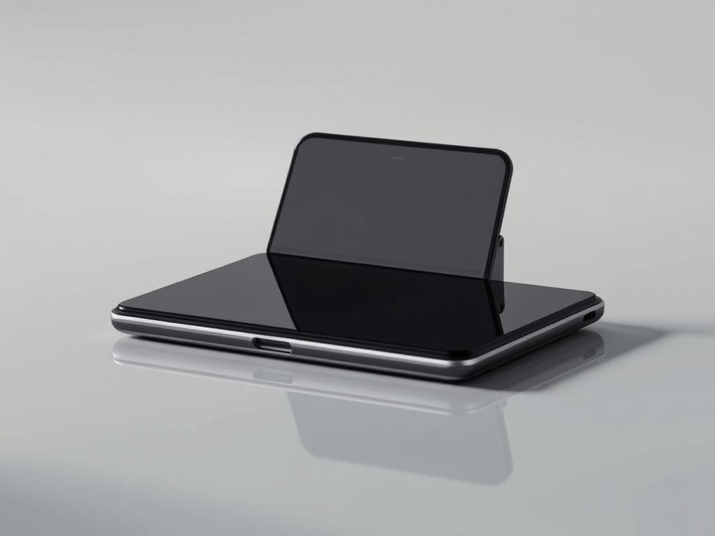 A sleek, foldable smartphone resting on a smooth, reflective surface, its display panel partially opened to reveal its innovative hinge mechanism. The device is illuminated by soft, directional lighting, casting subtle shadows that accentuate its elegant, minimalist design. The background is a clean, muted color palette, allowing the foldable device to take center stage and showcase its cutting-edge technology. The composition is balanced, with the device positioned to draw the viewer's attention to its unique, transformative capabilities.