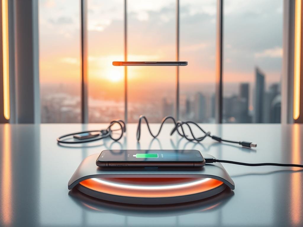 A sleek, futuristic charging station with a minimalist design, bathed in warm, soft lighting. In the foreground, an advanced wireless charging pad, its surface shimmering with a subtle glow. Floating above it, a smartphone, its battery indicator showing a steady increase. In the middle ground, a collection of next-generation charging cables, their connectors pulsing with energy. The background features a clean, modern interior, with a large window offering a view of a bustling cityscape, the skyline illuminated by the setting sun, creating a serene and harmonious atmosphere.