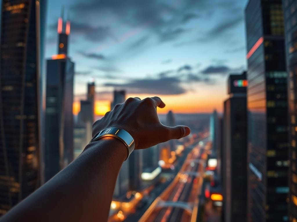 A sleek, futuristic cityscape at dusk, with towering skyscrapers and holograms dancing in the air. In the foreground, a person wearing a next-generation wearable tech device - a seamless, flexible display that wraps around their forearm, projecting a virtual interface. The device's design is minimalist and elegant, blending seamlessly with the wearer's attire. Ambient lighting casts a warm, vibrant glow, highlighting the device's advanced capabilities. The scene conveys a sense of wonder and excitement for the technological advancements that will shape the wearable tech landscape in 2025.