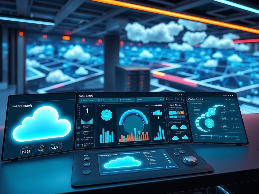 A sleek, futuristic dashboard showcasing the key features of a multi-cloud management platform. In the foreground, various cloud icons and data visualizations illuminate the seamless integration and monitoring capabilities. The middle ground displays intuitive control panels for resource allocation, security settings, and cost optimization. In the background, a panoramic view of a hybrid cloud infrastructure, with servers, data centers, and public cloud services, all interconnected and harmonized. The scene is bathed in a cool, neon-tinged lighting, conveying the advanced, cutting-edge nature of the platform. The overall mood is one of efficiency, flexibility, and centralized control over a complex, multi-cloud environment.