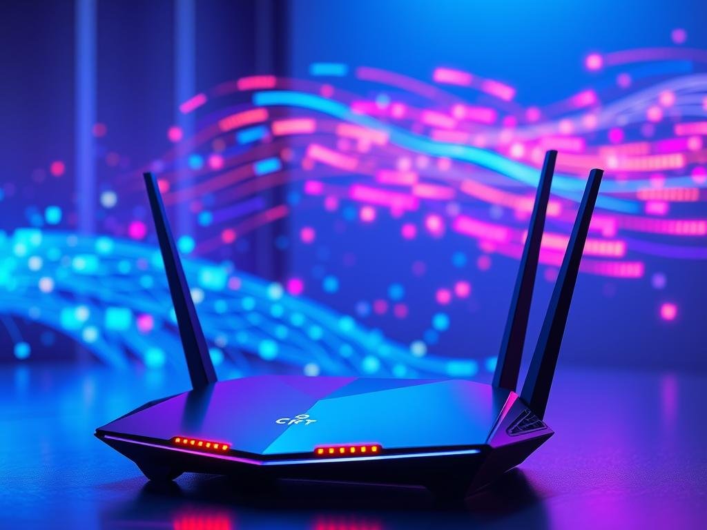a sleek, futuristic router stands prominently in the foreground, its sharp edges and glowing led indicators conveying a sense of high-speed connectivity. in the middle ground, colorful data packets and binary code swirl dynamically, representing the lightning-fast data transfer. the background is bathed in a soft, blue-tinted lighting, evoking a modern, tech-savvy atmosphere. the overall scene is captured with a wide-angle lens, creating a sense of depth and emphasizing the router's central role in enabling seamless, high-performance internet access.