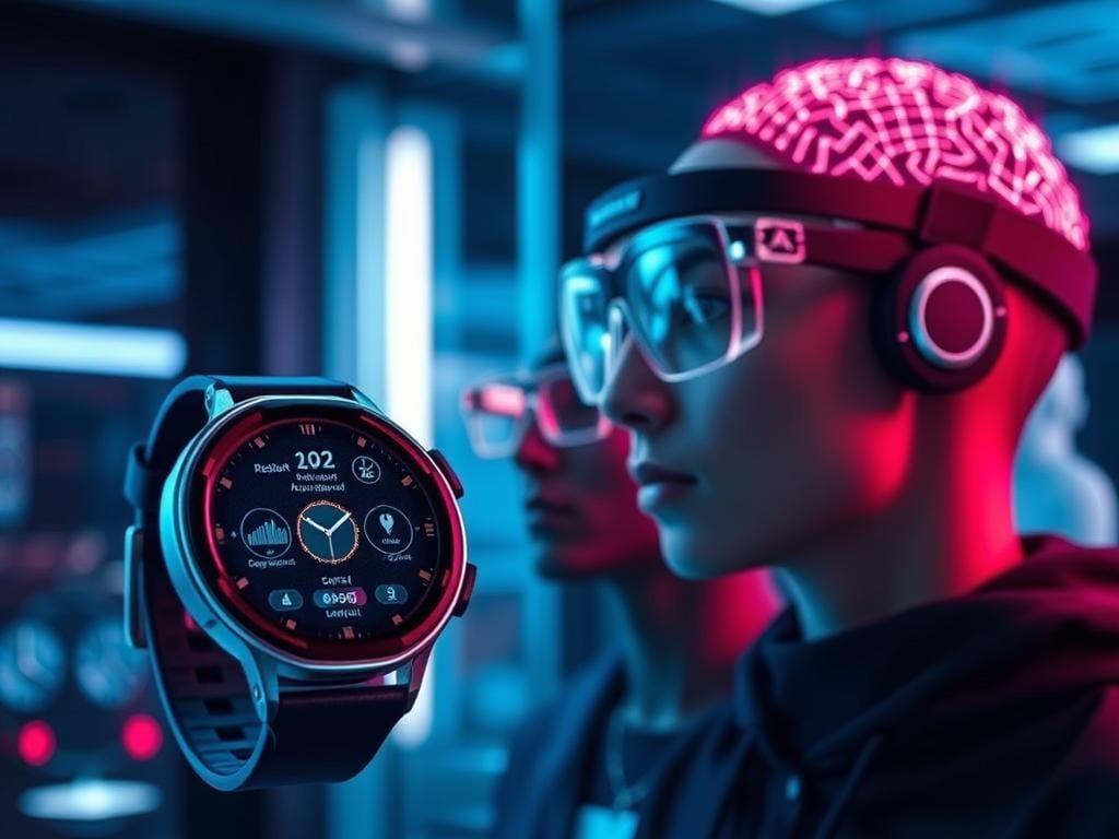A sleek, futuristic scene of AI-powered wearable devices. In the foreground, a high-tech smartwatch with a holographic display projects a digital assistant. In the middle ground, a pair of augmented reality glasses overlays real-world information seamlessly. In the background, a sophisticated headband with neural sensors monitors the wearer's brain activity. The scene is bathed in a cool, metallic lighting, creating a sense of advanced technology. The wearables appear elegantly designed, hinting at their seamless integration with the user's lifestyle. An atmosphere of innovation and the promise of a connected, intelligent future permeates the image.