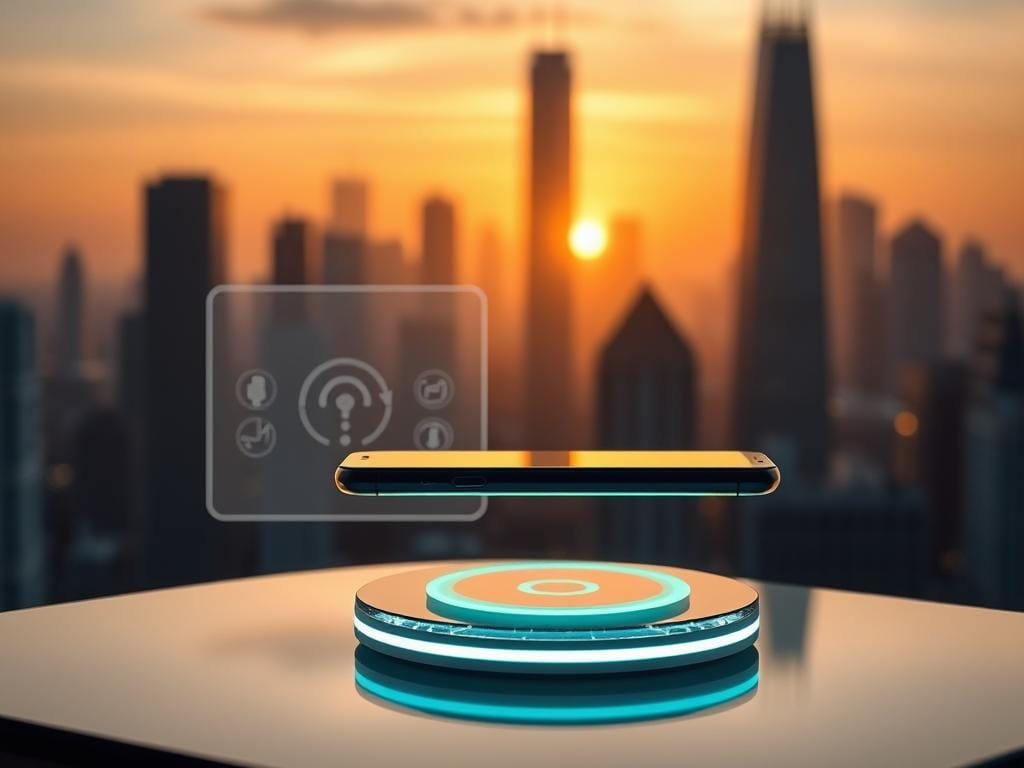 A sleek, futuristic wireless charging pad levitates a smartphone in the foreground, its glass surface illuminated by a soft, ambient glow. In the middle ground, a schematic diagram of the charging technology's inner workings is visible, with clean lines and minimalist icons depicting the electromagnetic induction process. The background features a cityscape of towering skyscrapers, their windows reflecting the warm, hazy light of a sunset, conveying a sense of technological progress and urban modernity. The overall scene radiates a sense of sophistication, innovation, and the seamless integration of wireless charging into the contemporary smartphone experience.