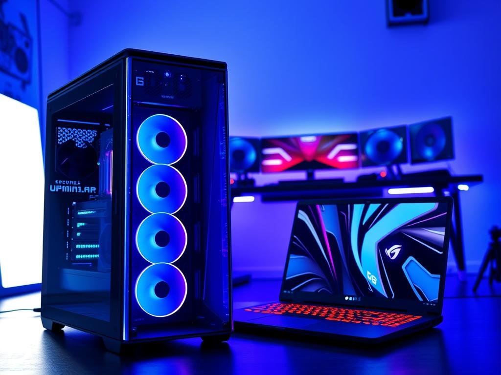 A sleek gaming PC tower stands tall, its intricate components visible through a tempered glass side panel, contrasted by a pre-built gaming laptop, its streamlined design evoking portability. In the background, a sprawling desk setup with RGB lighting and state-of-the-art peripherals. The scene is bathed in a cool, bluish hue, highlighting the technological prowess of both options. The lighting casts dramatic shadows, emphasizing the distinct choices between building a custom rig or opting for a ready-to-use laptop solution. The overall atmosphere conveys the dilemma of building versus buying, inviting the viewer to consider the tradeoffs between performance, customization, and convenience.