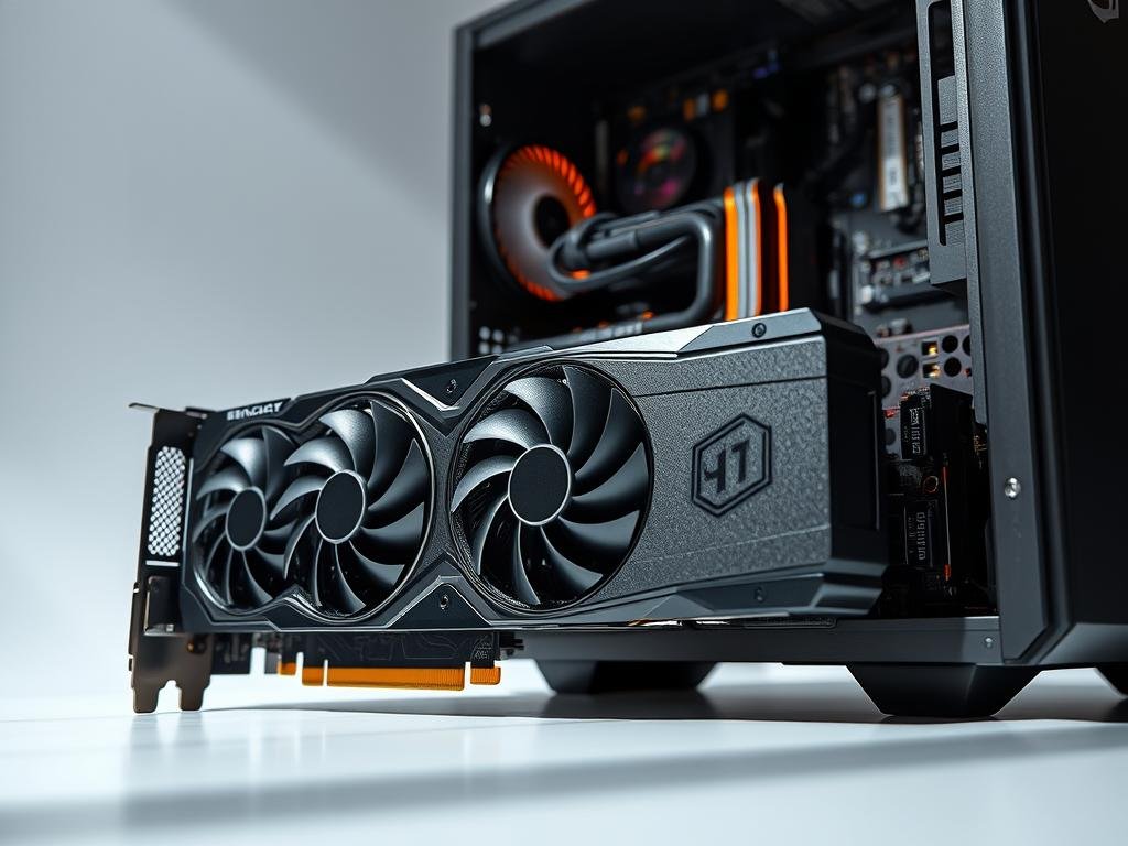 A sleek, high-performance desktop computer with an expertly optimized graphics card, showcasing its internal hardware components in a well-lit, minimalist setting. The graphics card, prominently displayed, features intricate heatsinks and fans, reflecting a precise, technical aesthetic. Crisp shadows and highlights accentuate the card's detailed textures and design. The overall composition conveys a sense of power, efficiency, and the ability to handle demanding gaming and multimedia workloads with ease.