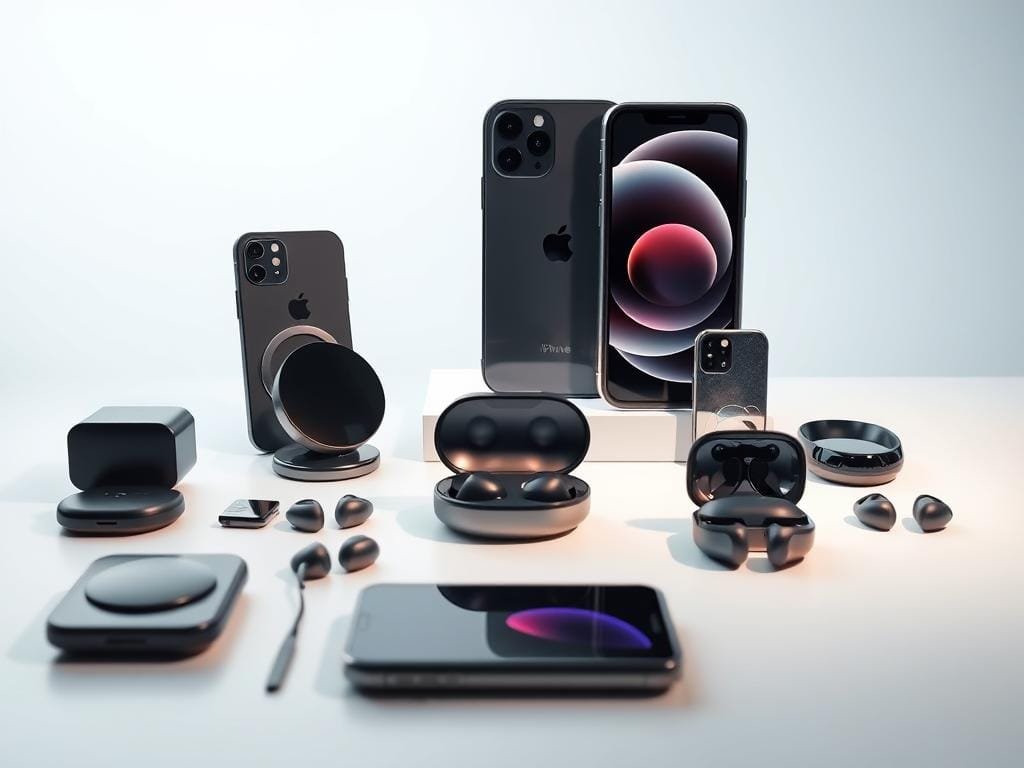 A sleek, high-tech iPhone 17 Pro Max accessory display set against a minimalist, pristine backdrop. In the foreground, an array of futuristic-looking iPhone cases, wireless chargers, and next-generation earbuds are artfully arranged, showcasing their seamless compatibility with the latest Apple flagship. Soft, directional lighting accentuates the premium materials and advanced features of each accessory, while the midground features a clean, white surface that enhances the sense of modernity and sophistication. The background is a subtly blurred, gradient-based environment, creating a sense of depth and focus on the main subject. The overall composition conveys a sense of cutting-edge technology, premium design, and seamless user experience.