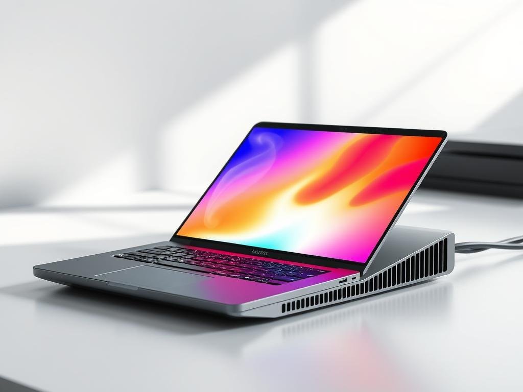 a sleek, metallic laptop rests on a clean, minimalist desk, its surface showing a thermal visualization display. the display depicts a vibrant color gradient, ranging from cool blues in areas of low temperature to fiery reds and oranges in the overheating zones. delicate wisps of steam rise from the laptop's vents, hinting at the delicate balance between performance and heat management. soft, directional lighting from above casts dramatic shadows, emphasizing the laptop's angular design and the thermal patterns on its surface. the overall scene conveys a sense of technological sophistication and the importance of effective cooling solutions for modern, high-performance computing devices.