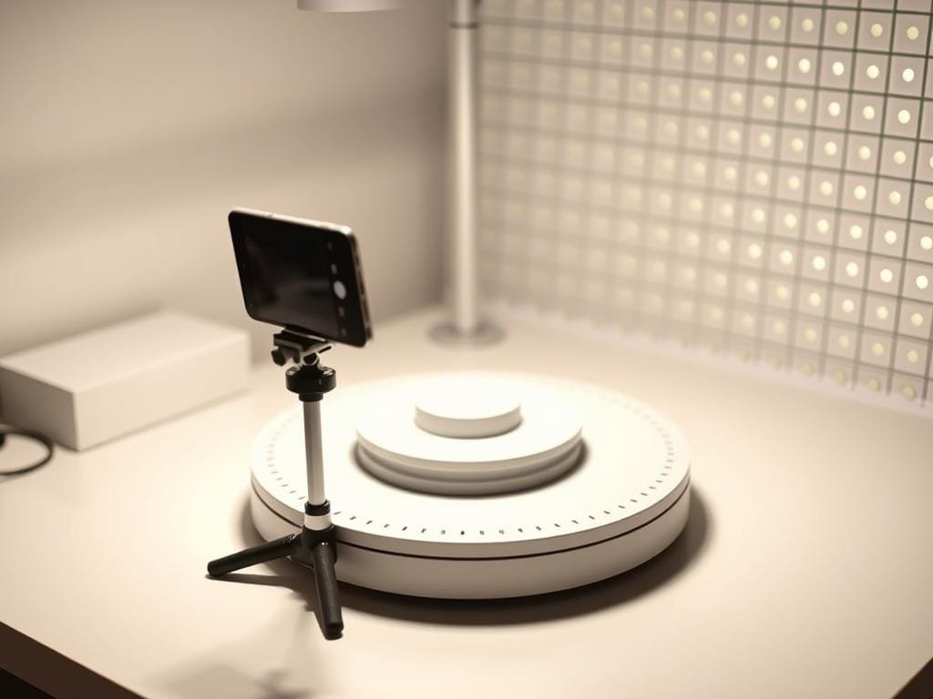 A sleek, minimalist DIY 3D scanner comprising a smartphone, turntable, and LED lighting array. Positioned on a clean, white workbench, the scanner's components are arranged with precision, hinting at its technical capabilities. Soft, diffused lighting casts an inviting glow, highlighting the scanner's elegant design. In the foreground, a smartphone is mounted on an adjustable stand, ready to capture high-quality 3D scans. The turntable in the middle rotates smoothly, allowing for full 360-degree capture. Surrounding the setup, a subtle grid pattern suggests the scanner's ability to produce accurate, dimensionally precise 3D models. The overall tone is one of simplicity, functionality, and the power of DIY engineering.