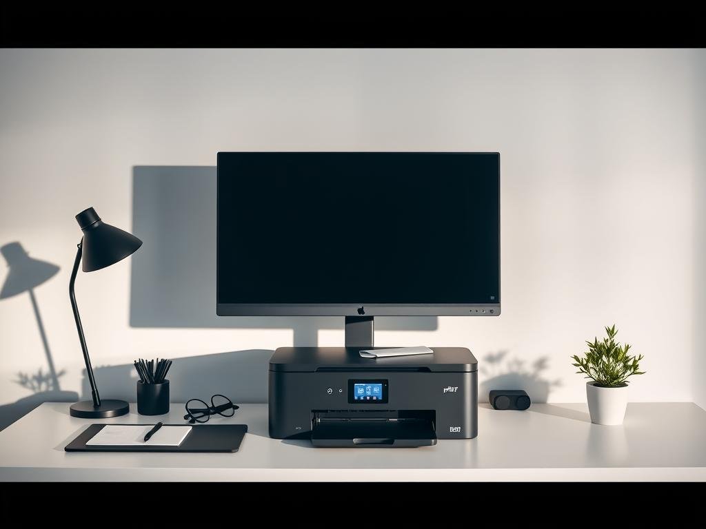 A sleek, minimalist desk setup with a modern desktop computer, a high-resolution monitor, and a stylish, wireless printer. The printer sits prominently on the desk, its clean lines and matte black finish conveying a sense of sophistication. The desk is neatly organized, with a few carefully placed office supplies and a stylized plant providing a touch of greenery. Soft, directional lighting casts subtle shadows, creating depth and a professional atmosphere. The overall scene exudes a sense of efficiency and problem-solving, hinting at the technical solutions needed to troubleshoot printer issues.