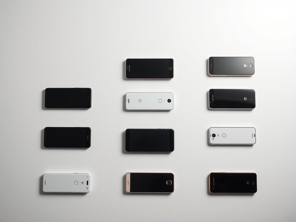 A sleek, minimalist display showcases the latest flagship smartphones from leading brands, meticulously arranged in a grid formation. The devices are rendered in high-resolution, highlighting their refined designs and premium materials. The background is a clean, neutral tone, allowing the phones to take center stage. Subtle shadows and highlights accentuate the depth and contours of each model, creating a sense of depth and three-dimensionality. The lighting is soft and diffused, creating a balanced, professional-grade presentation that emphasizes the phones' key features and price points. The overall composition is well-balanced, drawing the viewer's attention to the smartphones' visual appeal and comparative value proposition.