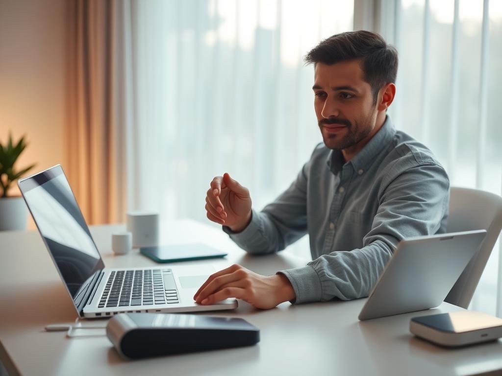 a sleek, minimalist home workspace with a laptop, tablet, and smart home devices on a clean, uncluttered desk. soft, diffused lighting from a large window casts a warm glow, creating a serene, focused atmosphere. the user's hands delicately reset the smart home controls, their face reflecting a calm, problem-solving expression. the scene conveys a sense of efficiency and control over one's connected home environment.