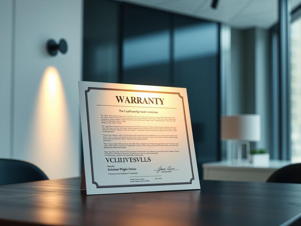 A sleek, minimalist office interior with a prominently displayed warranty certificate on a dark wooden desk. The certificate is positioned under a spotlight, casting a warm, focused glow that highlights the details and legal jargon. The background is softly blurred, creating a sense of depth and emphasizing the warranty document as the central focus. The lighting is natural and diffused, creating a professional and trustworthy atmosphere. The overall composition conveys the importance and significance of a product's warranty coverage.