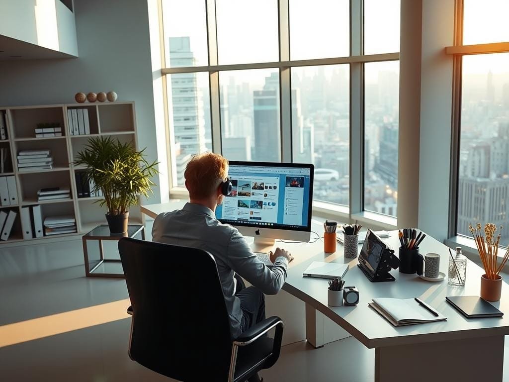 A sleek, minimalist office scene with a large desk, a modern desktop computer, and an array of various office supplies neatly arranged. In the foreground, a person sits at the desk, intently focused on the computer screen, their hands deftly navigating social media management software. The lighting is soft and natural, casting a warm glow across the scene. The background features clean, contemporary architecture with large windows overlooking a bustling city skyline. The overall atmosphere conveys a sense of productivity, efficiency, and a mastery of social media content management.