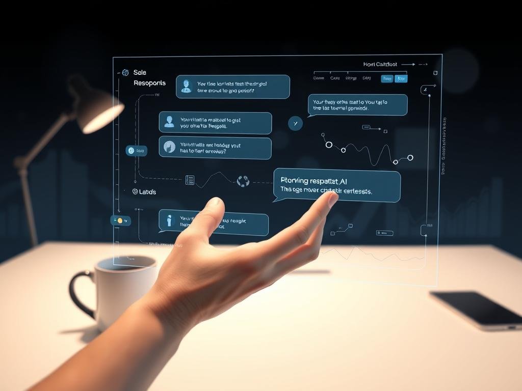 a sleek, minimalist office setting with a desk, computer, and coffee mug. in the foreground, a human hand interacts with a holographic display, testing an ai-powered chatbot interface. the chatbot's responses are visualized as flowing data streams. soft, directional lighting casts a warm glow, creating a contemplative atmosphere. the background features abstract shapes and graphs, hinting at the underlying ai algorithms. the overall scene conveys the collaborative nature of human-ai interaction in the process of chatbot development and testing.