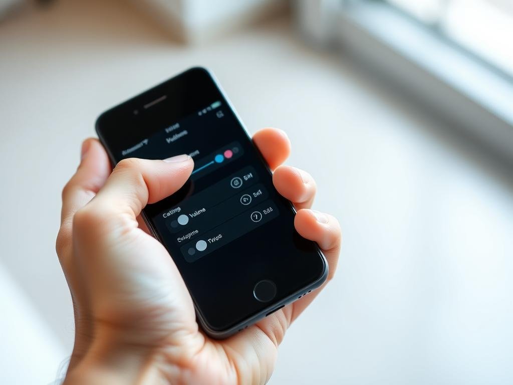 a sleek, minimalist smartphone with a matte black finish, its screen displaying a customizable touchscreen control interface. the device is held in a steady, well-lit hand, the fingers hovering over the volume and power buttons on the side, ready to adjust the settings. the background is blurred, drawing the viewer's attention to the intuitive on-screen controls and the careful interaction with the physical buttons. the scene conveys a sense of precision, functionality, and the importance of maintaining these key components for a seamless smartphone experience.