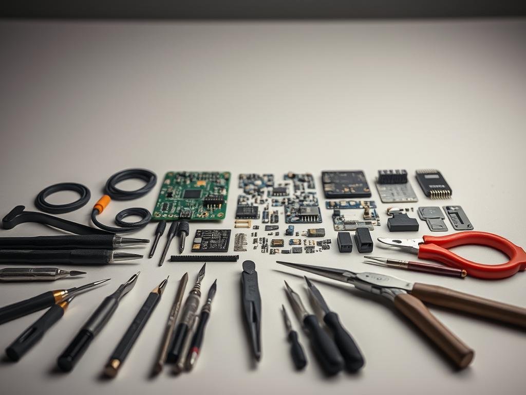 A sleek, minimalist tabletop showcasing an array of technical tools and components. In the foreground, an assortment of screwdrivers, pliers, and precision tweezers are neatly arranged. In the middle ground, various electronic parts such as circuit boards, microchips, and wire connectors are displayed against a muted, neutral background. The lighting is soft and diffused, casting subtle shadows that highlight the intricate details of the items. The overall composition conveys a sense of order, organization, and the precise, meticulous nature of tech repair work.