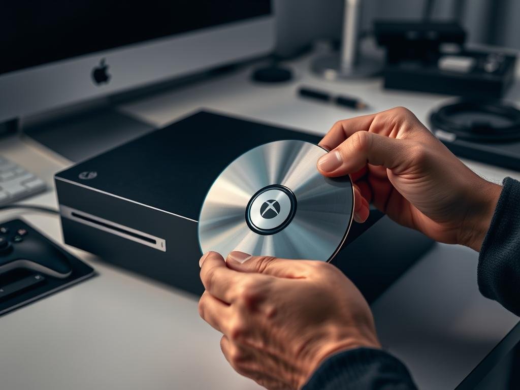 a sleek, modern xbox console sits on a minimalist desk, its disc drive illuminated by a soft, warm glow. the console's matte black exterior is complemented by the brushed metal accents, creating a premium, high-tech aesthetic. in the foreground, a pair of hands carefully examines the disc, inspecting it for any scratches or imperfections. the lighting casts subtle shadows, adding depth and dimension to the scene. in the background, a clean, minimalist workspace with a computer monitor and some neatly organized tools and cables provides context, suggesting a troubleshooting or repair setup. the overall mood is one of focused attention and problem-solving, with a touch of technical sophistication.
