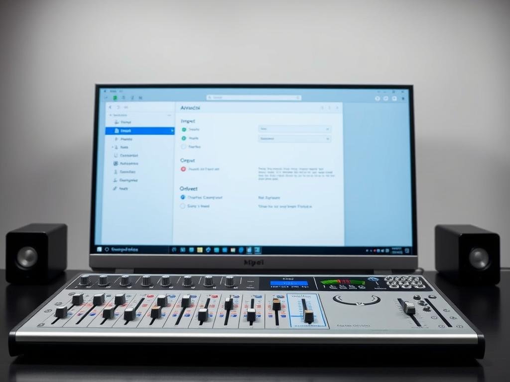 a sleek, modern computer desktop with a clean, minimalist interface. in the foreground, a digital audio mixer panel with sliders, knobs, and meters displaying various audio settings and levels. the panel has a silver and blue color scheme, hinting at a high-tech, professional-grade audio setup. in the middle ground, a large, high-resolution display shows the operating system's audio configuration menu, with options for input, output, and advanced settings. the background is a subtle, blurred gradient in shades of gray, providing a sense of depth and focus on the central audio elements. the lighting is soft and even, creating a calm, focused atmosphere suitable for a troubleshooting guide. a sleek, modern computer desktop with a clean, minimalist interface. in the foreground, a digital audio mixer panel with sliders, knobs, and meters displaying various audio settings and levels. the panel has a silver and blue color scheme, hinting at a high-tech, professional-grade audio setup. in the middle ground, a large, high-resolution display shows the operating system's audio configuration menu, with options for input, output, and advanced settings. the background is a subtle, blurred gradient in shades of gray, providing a sense of depth and focus on the central audio elements. the lighting is soft and even, creating a calm, focused atmosphere suitable for a troubleshooting guide.