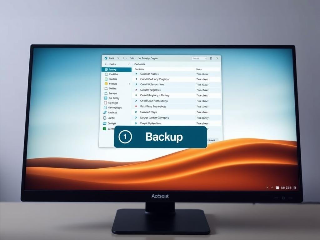 a sleek, modern computer display showcases a detailed registry backup interface. the screen is bathed in a soft, ambient light, creating a calming, professional atmosphere. in the foreground, a centralized backup button stands out, inviting the user to initiate the process. the middle ground features a visually organized menu, displaying various registry sections and configuration options. in the background, a minimalist desktop landscape provides a clean, uncluttered backdrop, emphasizing the focus on the registry backup system. the overall composition conveys a sense of control, security, and ease of use, perfectly aligning with the "preliminary steps before repairing the registry" section of the article.