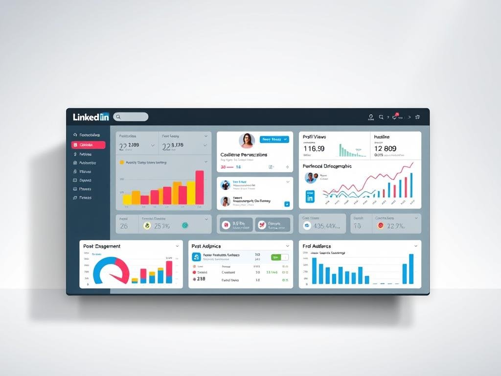 A sleek, modern dashboard displaying comprehensive LinkedIn profile analytics. In the foreground, a series of colorful charts and graphs showcase key metrics such as profile views, connections, endorsements, and post engagement. The middle ground features a user profile image, name, and headline, alongside interactive modules for audience demographics and content performance. The background is a minimalist grey with subtle grid lines, evoking a professional, data-driven atmosphere. Soft, directional lighting casts a clean, crisp glow over the entire scene, emphasizing the attention to detail and high-quality design.
