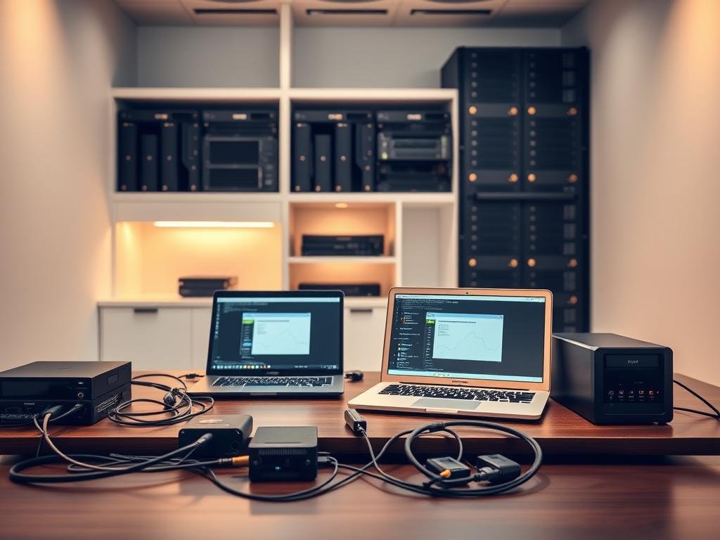 A sleek, modern data recovery service center in a well-lit, minimalist interior. A desk with various data storage devices, cables, and a laptop display showing file recovery progress. In the background, shelves filled with external hard drives and server racks, conveying the technological expertise. Warm, soft lighting casts a professional, reassuring atmosphere. The composition emphasizes the importance of data preservation and recovery, with attention to technical details that instill confidence in the service's capabilities.