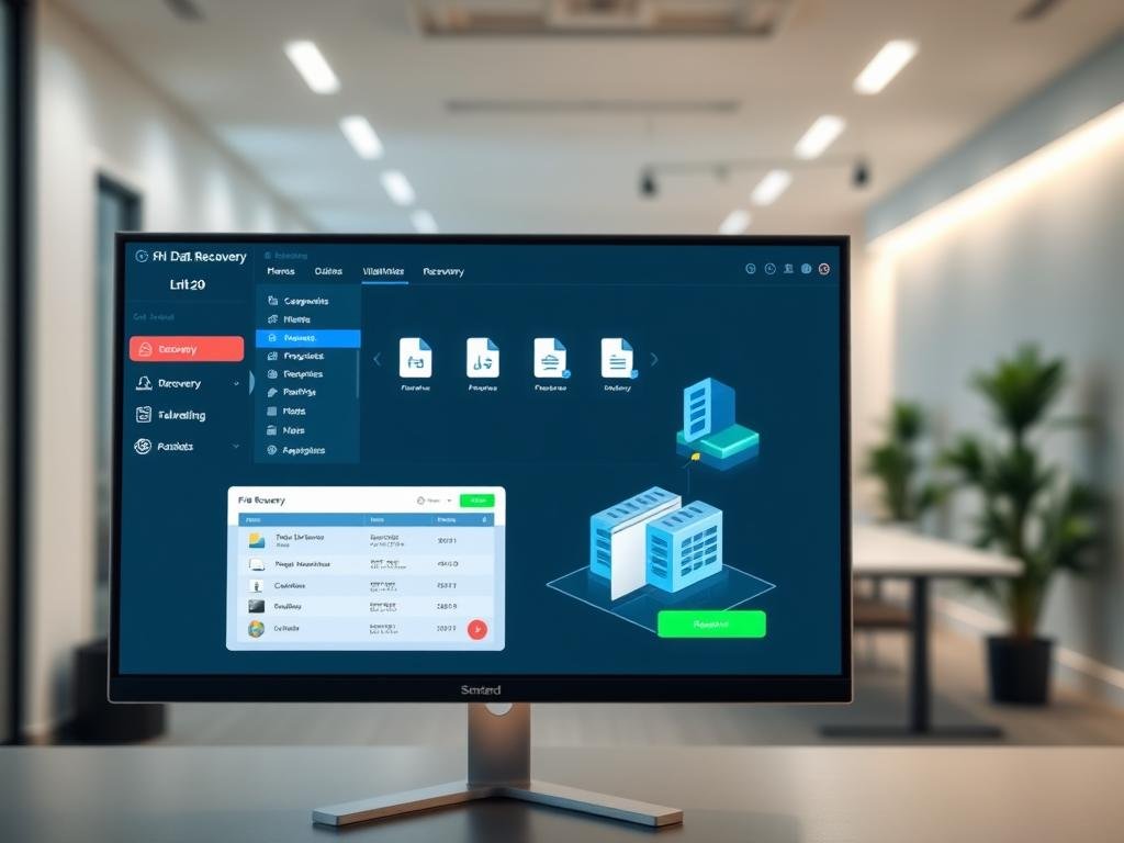 a sleek, modern data recovery software interface displayed on a high-resolution digital display. in the foreground, an intuitive dashboard with clear data recovery options and file previews. in the middle ground, a 3d visualization of file structures and recovery progress. the background features a blurred, minimalist office setting with clean lines and subtle lighting, creating a professional, trustworthy atmosphere. the overall mood is one of efficiency, reliability, and technological sophistication, reflecting the software's ability to safely and effectively recover lost or deleted files.