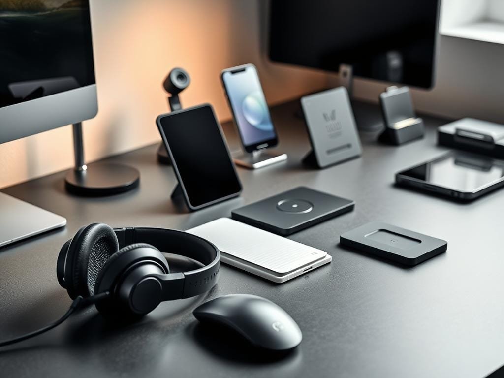 A sleek, modern desk showcasing a variety of personal productivity gadgets. In the foreground, a state-of-the-art noise-cancelling headset, a slim wireless mouse, and a compact digital planner with a minimalist UI. In the middle ground, a high-resolution webcam and a compact, yet powerful wireless charging pad. In the background, a minimalist smartphone stand, a discreet desk organizer, and a portable document scanner. The lighting is soft and diffused, creating a cozy, focused atmosphere. The entire scene is captured from a slightly elevated angle, highlighting the elegant, streamlined design of the tech tools.
