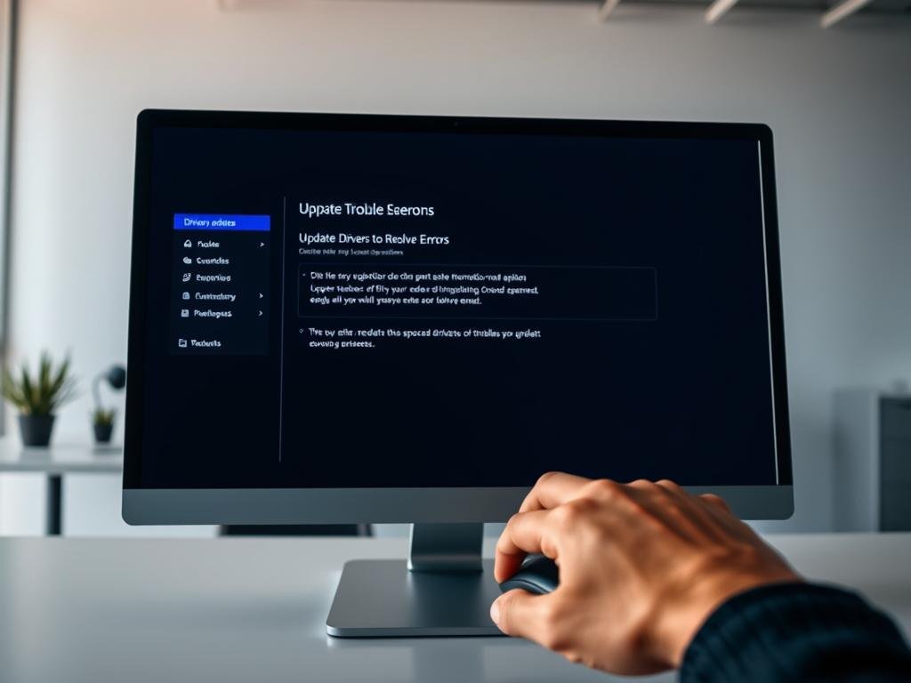 a sleek, modern desktop computer screen displaying a windows troubleshooting interface, with a focus on the "driver updates" section. the screen is bathed in a soft, cool-toned lighting, creating a calming and professional atmosphere. in the foreground, a human hand hovers over the mouse, ready to initiate the driver update process. the background features a minimalist office setting, with a clean and organized workspace, conveying a sense of productivity and problem-solving. the overall image reflects the technical nature of the "updating drivers to resolve errors" section, while maintaining a visually appealing and relatable aesthetic.