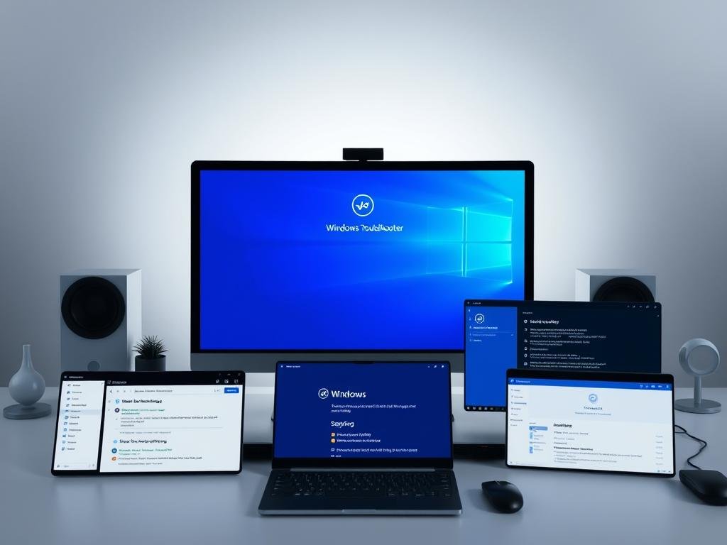a sleek, modern desktop computer screen displaying a stylized windows blue screen error, surrounded by a minimalist, monochromatic workspace. soft, diffused lighting illuminates the scene, creating a calming, technical atmosphere. in the foreground, various troubleshooting tools and system settings windows are open, suggesting solutions to the problem. the middle ground features a stylized windows troubleshooter interface, hinting at the process of resolving the issue. the background is a clean, uncluttered space, allowing the focus to remain on the task at hand.