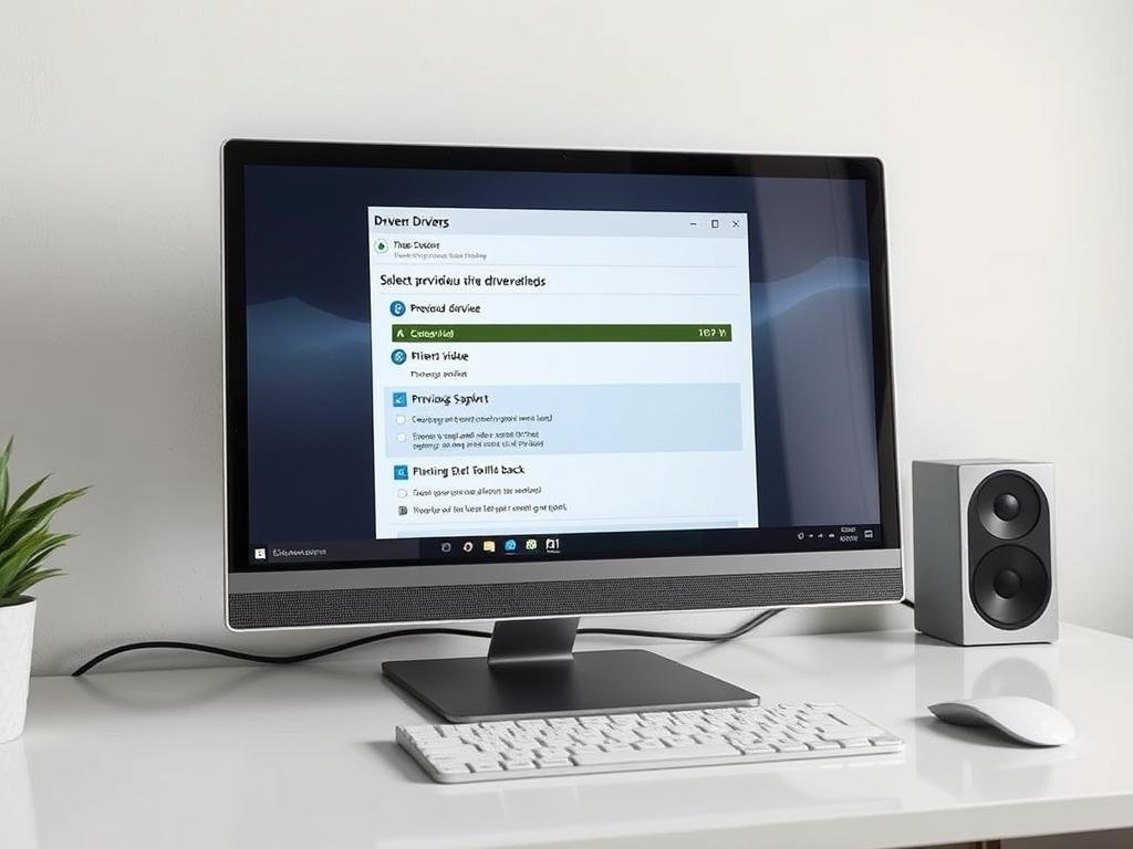 A sleek, modern desktop computer sits on a minimalist workspace, its display screen showcasing the process of rolling back a video or graphics driver. The screen shows a step-by-step interface, with clear, intuitive controls and options for selecting a previous driver version. The environment is well-lit, with a soft, diffused lighting creating a calming atmosphere. The camera angle is slightly elevated, providing a clear, unobstructed view of the computer and screen. The overall mood is one of professionalism and efficiency, conveying the ease and importance of the driver rollback process for troubleshooting PC performance issues.