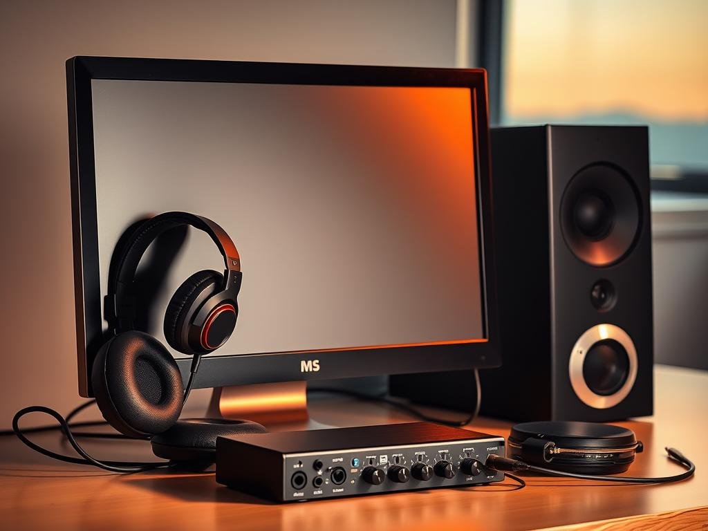 a sleek, modern desktop computer surrounded by various audio accessories: a pair of high-quality headphones, a professional-grade microphone, and a compact audio interface. the scene is illuminated by warm, directional lighting, casting subtle shadows and highlights that accentuate the textures and details of the equipment. the background is a minimalist, office-like setting, with a simple, clean-lined desk and a subtle gradient or blurred landscape visible through a window. the overall mood is one of focused problem-solving, with the pc audio components arranged in a way that suggests troubleshooting and experimentation. a sleek, modern desktop computer surrounded by various audio accessories: a pair of high-quality headphones, a professional-grade microphone, and a compact audio interface. the scene is illuminated by warm, directional lighting, casting subtle shadows and highlights that accentuate the textures and details of the equipment. the background is a minimalist, office-like setting, with a simple, clean-lined desk and a subtle gradient or blurred landscape visible through a window. the overall mood is one of focused problem-solving, with the pc audio components arranged in a way that suggests troubleshooting and experimentation.