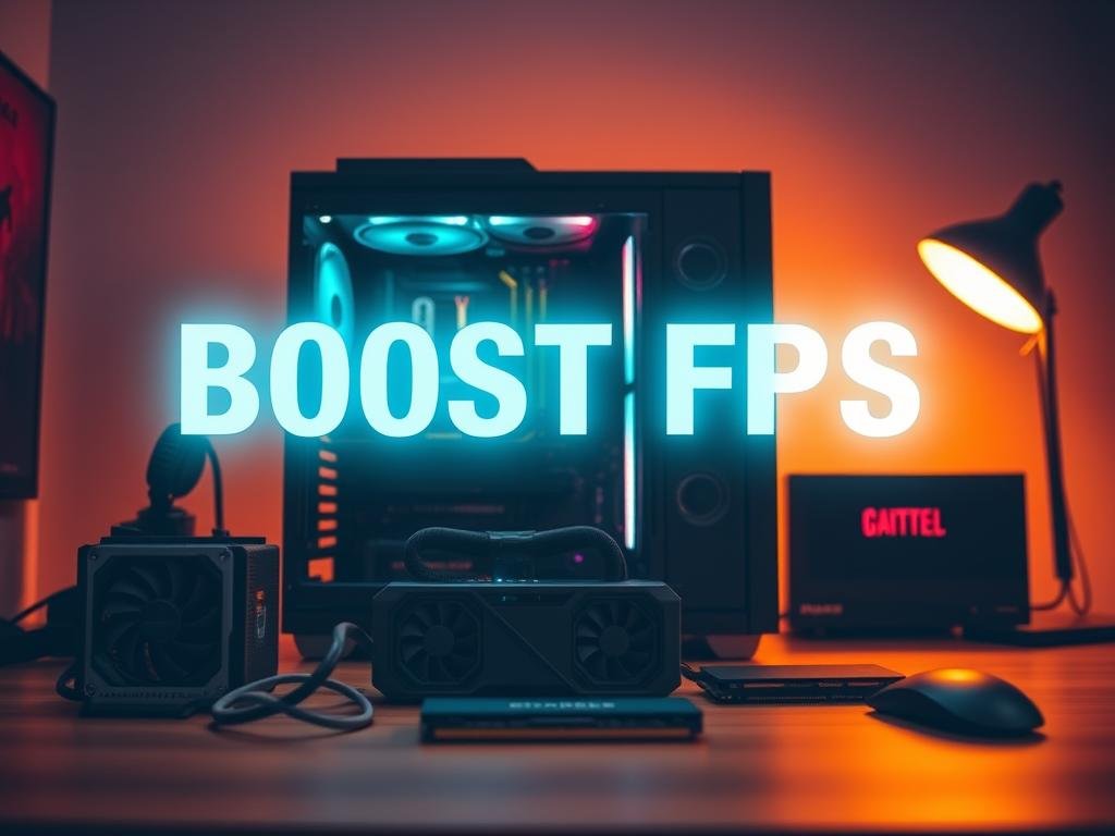 A sleek, modern desktop setup with a powerful gaming PC at the center, surrounded by various hardware components like a high-end graphics card, CPU cooler, and RAM modules. The scene is bathed in a warm, ambient lighting, creating a cozy and focused atmosphere. In the foreground, a glowing "BOOST FPS" overlay hovers above the setup, emphasizing the goal of enhancing gaming performance. The background features a subtle grid or circuit board pattern, hinting at the technical nature of the task. The overall composition conveys a sense of deliberate, methodical optimization to unlock the full potential of the gaming hardware.
