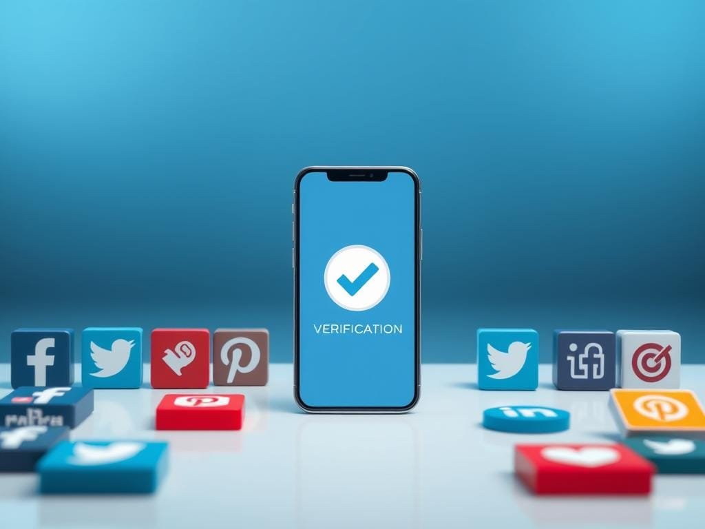 A sleek, modern digital interface showcases various social media platform logos in the foreground, hinting at the interconnectedness of online verification. In the middle ground, a smartphone screen displays a verification badge, symbolizing the sought-after "blue check" status. The background features a subtle gradient of blues and grays, conveying a sense of professionalism and authority. Crisp lighting from the sides accentuates the clean, minimalist design, creating a visually compelling and aspirational representation of social media verification.
