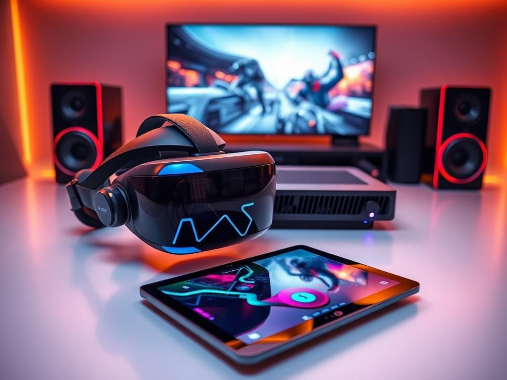 A sleek, modern entertainment center showcasing an array of cutting-edge gadgets. In the foreground, a high-end virtual reality headset, its glossy finish gleaming under warm, focused lighting. Beside it, a slim, touch-enabled tablet displaying vibrant, immersive content. In the middle ground, a futuristic gaming console with intricate cooling vents and customizable RGB lighting. Further back, a state-of-the-art soundbar and wireless speakers, their minimalist designs complementing the overall aesthetic. The scene is bathed in a soft, ambient glow, creating a sense of technological sophistication and the promise of boundless entertainment possibilities.
