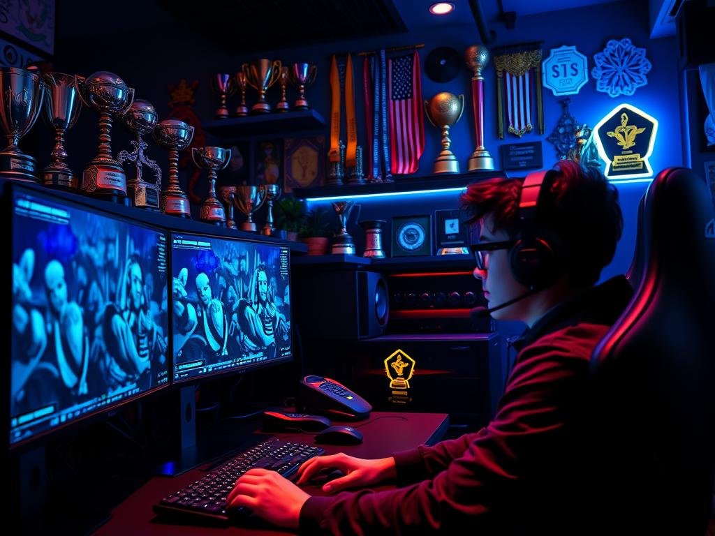A sleek, modern esports gaming setup with multiple high-resolution monitors, advanced peripherals, and a player in the foreground intently focused on the gameplay. The scene is bathed in a cool, neon-infused lighting that creates an immersive and competitive atmosphere. In the background, various esports trophies, medals, and memorabilia showcase the player's mastery of game knowledge and winning strategies. The image conveys the dedication, skill, and focus required to excel in the fast-paced and ever-evolving world of esports.