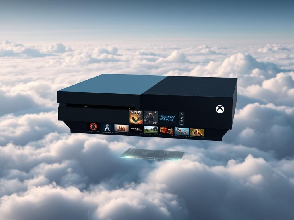 A sleek, modern gaming console levitating against a backdrop of ethereal clouds, bathed in a soft, diffused glow. In the foreground, a seamless, intuitive user interface showcases the expansive game library of the Xbox Cloud Gaming service. The mid-ground features a subtle, holographic menu system, offering a glimpse into the seamless integration of cloud-based gaming. The background is a serene, dreamlike landscape of wispy, atmospheric clouds, hinting at the limitless possibilities of cloud-powered entertainment. The overall scene evokes a sense of technological sophistication, effortless accessibility, and the future of gaming.