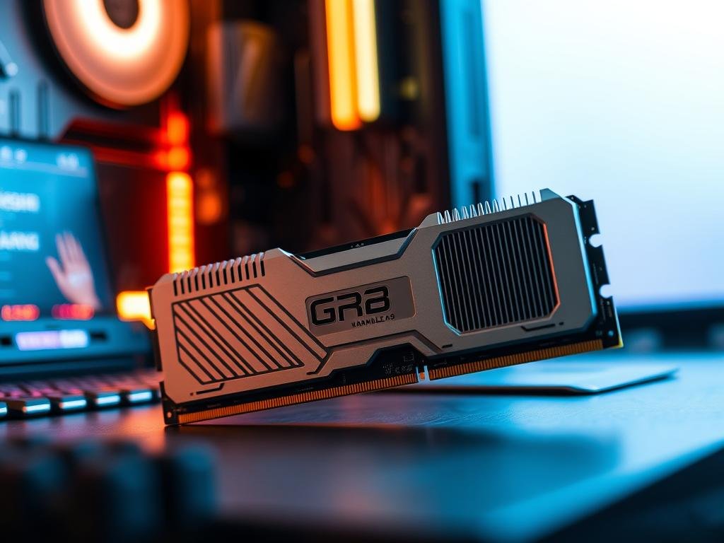 A sleek, modern gaming desktop with a prominent RAM module prominently displayed, bathed in a warm, soft lighting. The module is silver and gray, with intricate circuit patterns and heat sinks, conveying a sense of technological sophistication. The background is slightly blurred, but hints at a minimalist, clutter-free workspace, emphasizing the focus on the RAM upgrade. The overall tone is one of excitement and anticipation, suggesting the performance boost that this upgrade will bring to the user's gaming experience.