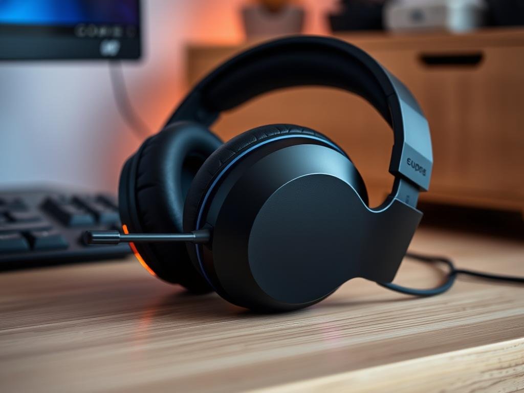 A sleek, modern gaming headset with a matte black finish, resting on a minimalist wooden desk. Soft, over-ear cushions provide comfort for long gaming sessions. The headset's microphone is neatly tucked away, only visible when needed. Subtle RGB lighting accents the edges, casting a warm glow. The headset's cables are neatly routed, creating a clean, uncluttered appearance. The background is slightly blurred, focusing attention on the well-designed, affordable headset, a perfect balance of functionality and style.