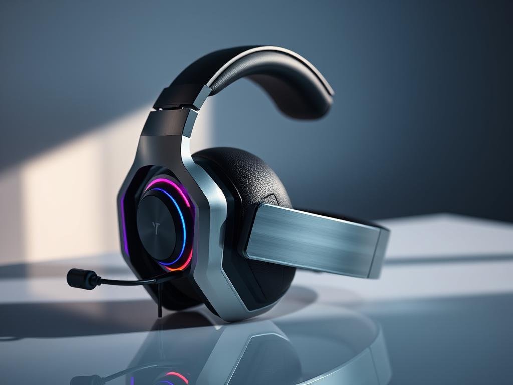 A sleek, modern gaming headset with premium audio quality and immersive surround sound. The headset features a stylish, minimalist design with brushed metal accents and soft, cushioned earcups for extended comfort. The microphone is retractable and noise-cancelling, ensuring clear voice communication. The headset is backlit with customizable RGB lighting, creating a visually striking appearance. Placed on a clean, reflective surface, the headset is illuminated by soft, directional lighting from the side, casting subtle shadows and highlighting its elegant form. The background is blurred, keeping the focus on the exquisitely crafted gaming headset.