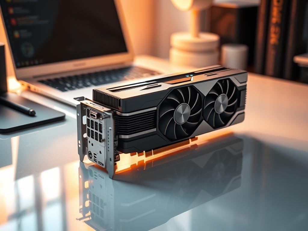 A sleek, modern graphics card sits atop a glossy, reflective surface, bathed in warm, directional lighting. The card's intricate heatsink and fans are prominently displayed, conveying its advanced cooling capabilities. In the background, a clean, minimalist workspace with a laptop or desktop computer, hinting at the process of updating the graphics driver. The scene exudes a sense of technological sophistication and the importance of maintaining high-performance graphics on a personal computing device.