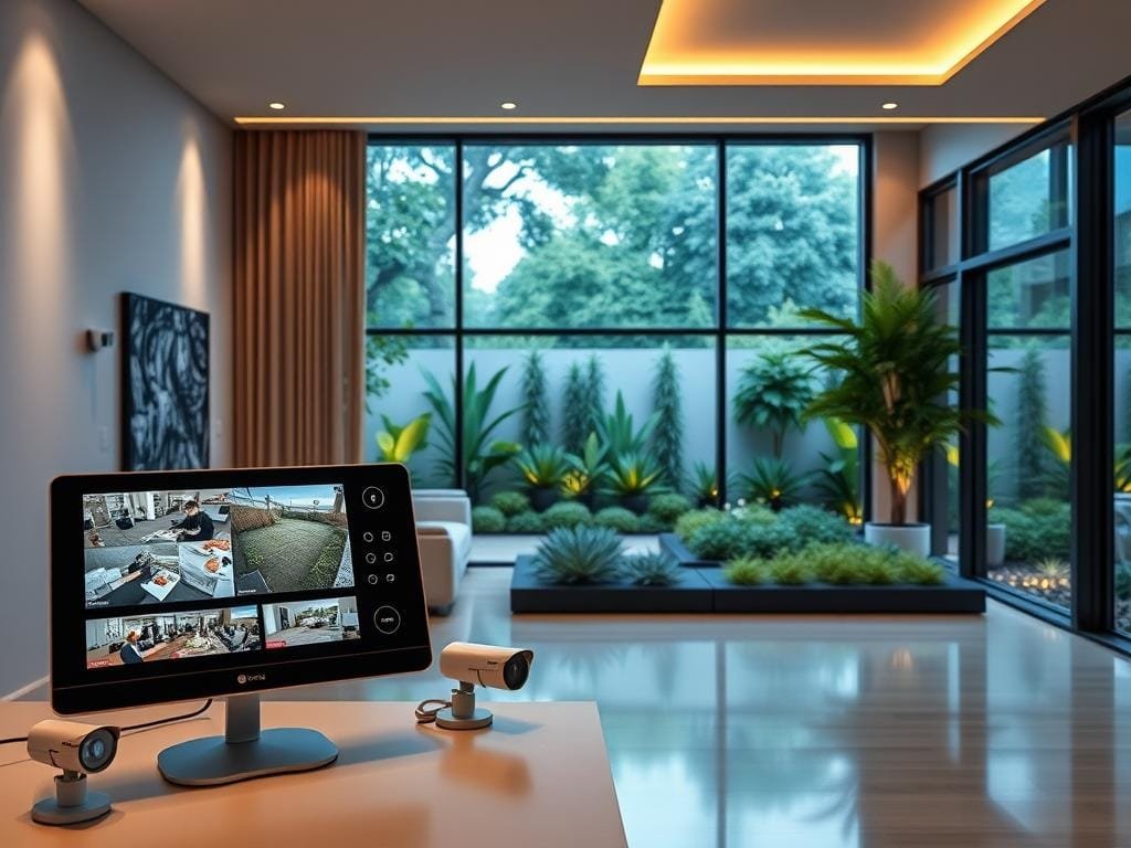 A sleek, modern home interior with a focus on AI-powered security features. In the foreground, a high-tech home security console displays real-time footage from various cameras throughout the house. The middle ground showcases a series of subtle, discreet cameras seamlessly integrated into the home's architecture. In the background, a lush, verdant smart garden is visible through large panoramic windows, with automated irrigation and lighting systems controlled by the AI assistant. The lighting is soft and warm, creating a sense of comfort and security. The overall atmosphere is one of advanced, intuitive technology seamlessly blending with the home environment to provide comprehensive, AI-driven protection.