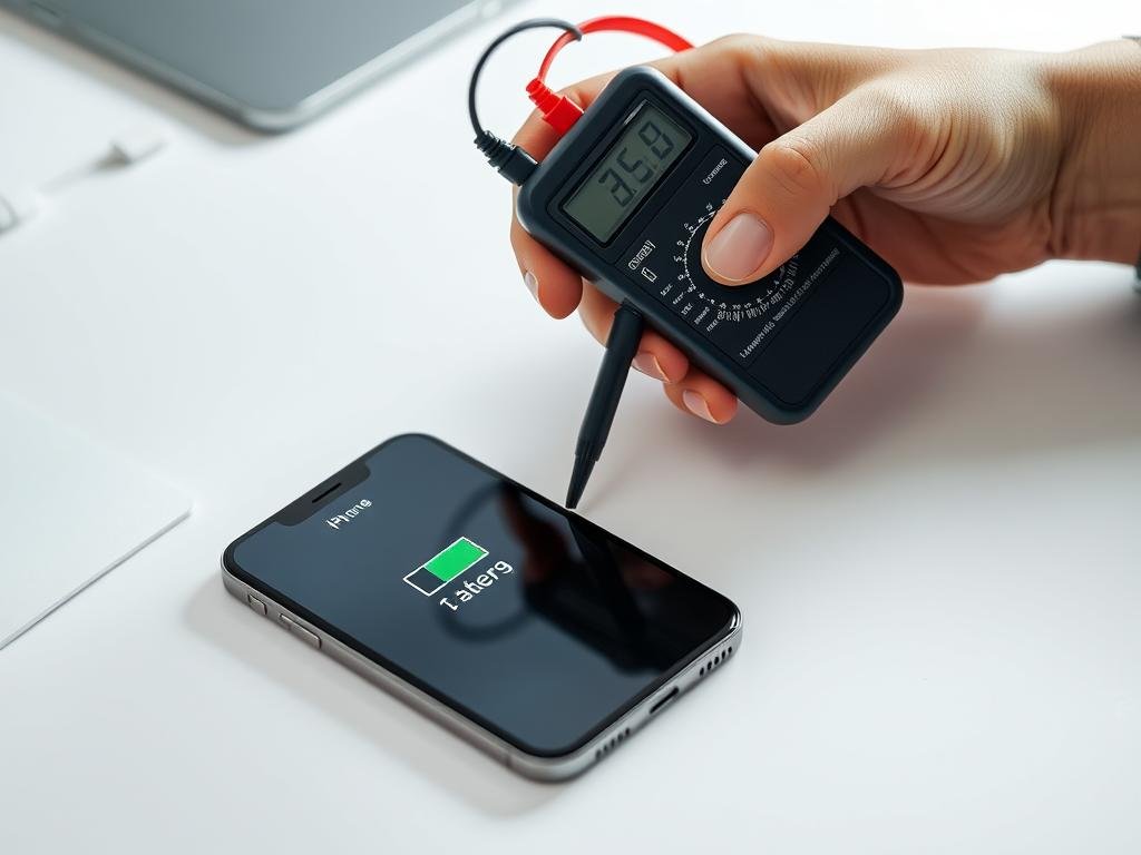 a sleek, modern iphone resting on a minimalist desk, its screen displaying battery percentage as the user's hand carefully holds a precision digital multimeter, examining the battery's health with focused attention. soft, diffused lighting illuminates the scene, creating a sense of calm and professionalism. the image conveys the act of meticulously testing an iphone's battery, with a clean, uncluttered composition that emphasizes the task at hand.