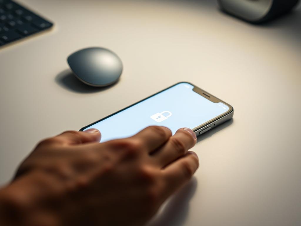a sleek, modern iphone resting on a minimalist desk, its screen illuminated with the unlock animation. the device is bathed in soft, indirect lighting, casting subtle shadows that highlight its elegant curves. in the foreground, a human hand, palm open, approaches the phone, finger outstretched to touch the screen and initiate the unlocking process. the background is blurred, creating a sense of focus on the central action. the overall mood is one of simplicity, technology, and seamless user interaction.