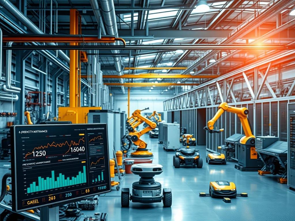 a sleek, modern industrial workshop filled with a variety of iot-enabled devices and sensors. in the foreground, a digital dashboard displays real-time predictive maintenance data, with charts and graphs highlighting upcoming maintenance needs. in the middle ground, robotic arms and autonomous vehicles move around, performing maintenance tasks on various machinery. in the background, a network of interconnected devices and servers hum with activity, processing sensor data and running ai-powered predictive algorithms. bright, focused lighting illuminates the scene, creating a sense of efficiency and technological sophistication. the overall atmosphere conveys the power of iot and ai to transform predictive maintenance, making it proactive, data-driven, and highly automated.
