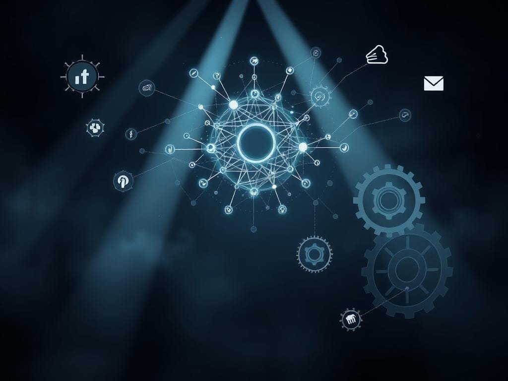 A sleek, modern interface with floating data visualizations and algorithm icons levitating against a dark, moody backdrop. Beams of ethereal light cut through the shadows, creating a sense of depth and drama. The foreground features a central hub of interconnected nodes, pulsing with energy and information flow. In the middle ground, intricate gears and cogs represent the complex machinery of social media algorithms, their mechanisms revealed in translucent, ghostly outlines. The background is a hazy, atmospheric expanse, hinting at the vast, ever-evolving landscape of social media platforms. An air of technological sophistication and forward-thinking innovation permeates the scene.