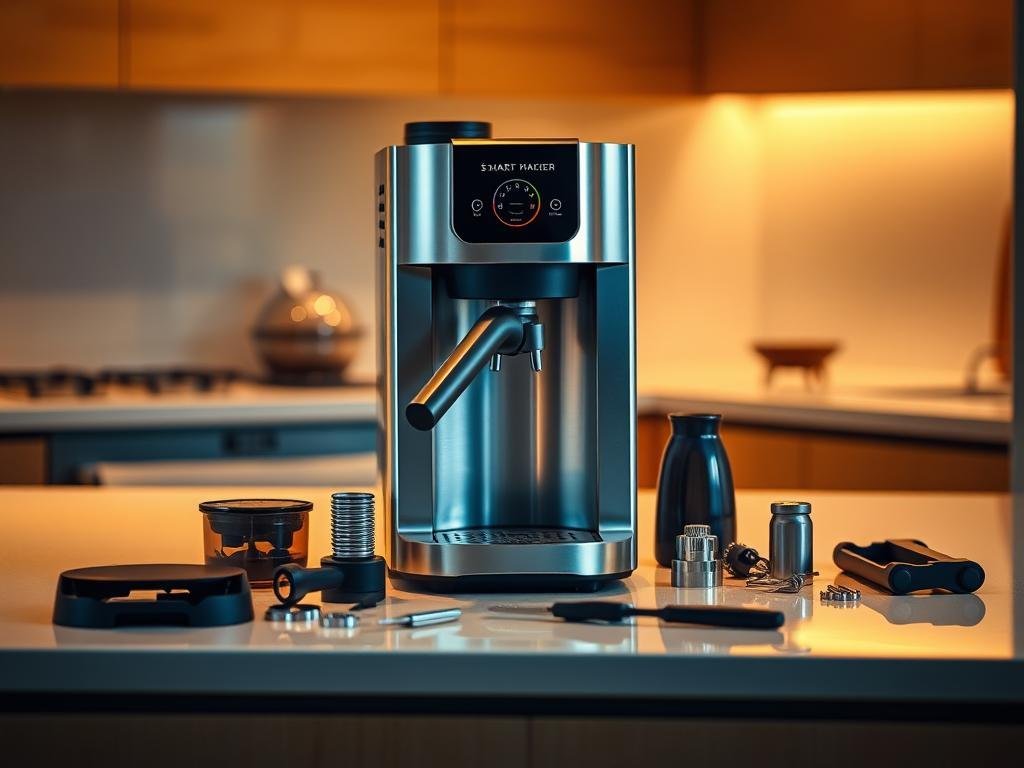 A sleek, modern kitchen counter with a stainless steel smart coffee maker sitting atop it. The machine is disassembled, with various components and tools neatly arranged around it, indicating an active troubleshooting process. Warm, directional lighting illuminates the scene, casting subtle shadows and highlights that emphasize the intricate details of the appliance. The background is slightly blurred, keeping the focus on the coffee maker and the troubleshooting task at hand. The overall mood is one of analytical problem-solving, with a touch of technological sophistication.