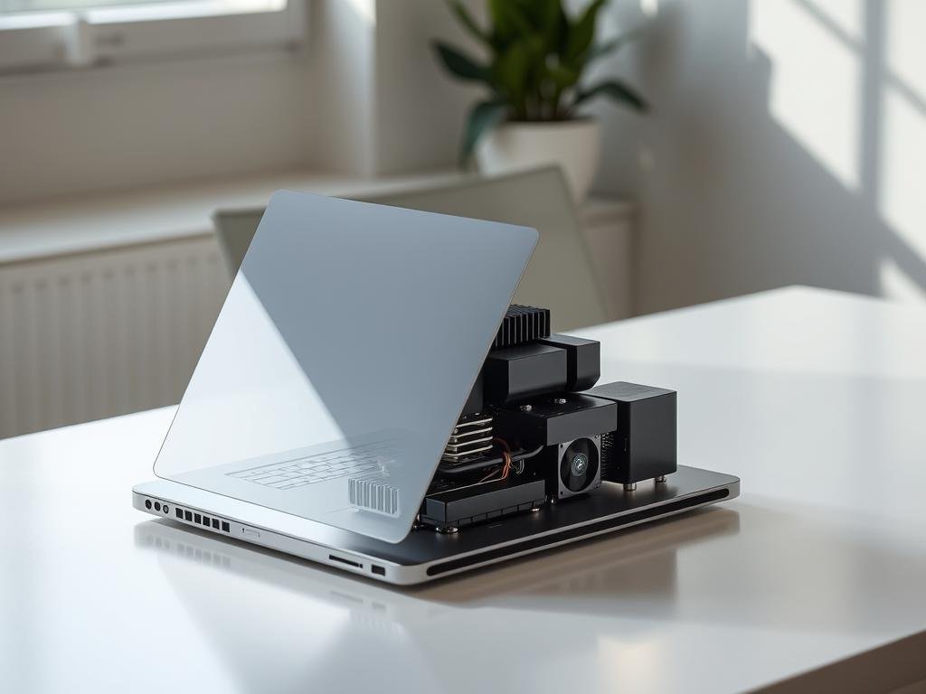 a sleek, modern laptop nestled on a minimalist desk, its internal components visible through a transparent casing. soft, diffused lighting illuminates the laptop's cooling system - a network of heatsinks, fans, and vents working in harmony to maintain optimal temperatures. the scene conveys a sense of technological elegance and efficient thermal management, highlighting the importance of a well-designed, safe operating environment for your digital device.