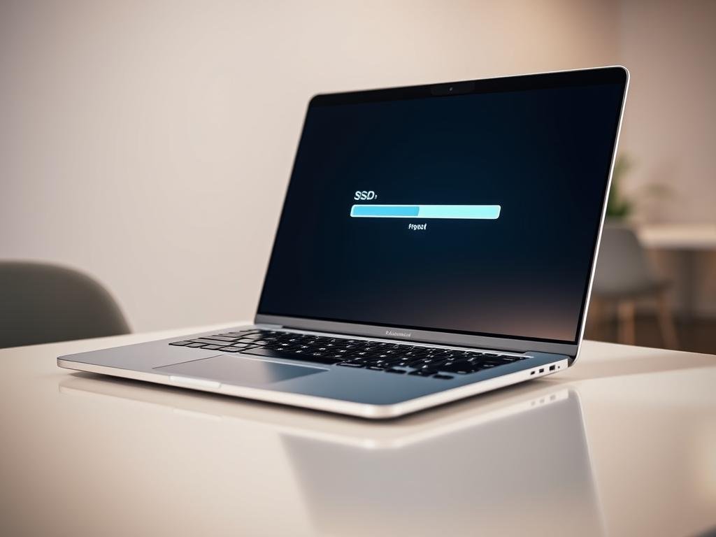 a sleek, modern laptop resting on a clean, minimalist desk. the screen displays a progress bar, indicating the rapid performance boost from a freshly installed solid-state drive (ssd). bright, directional lighting illuminates the laptop, creating a crisp, high-tech atmosphere. the background is a softly blurred, neutral office setting, keeping the focus on the laptop and its ssd upgrade. the overall scene conveys a sense of efficiency, productivity, and the transformative power of simple hardware upgrades to revive an aging computer.