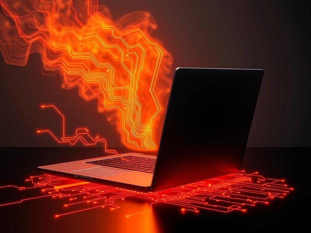 a sleek, modern laptop surrounded by glowing, pulsating circuits and heat waves, illuminated by a warm, amber-tinted lighting. the laptop's components are visible, with the cpu and gpu emitting intense heat, represented by shimmering distortions in the air. the background is a minimalist, dark gray or black, placing the focus entirely on the overheating laptop and its internal workings. the scene conveys a sense of technical complexity and the need for software-based solutions to manage the laptop's temperature.