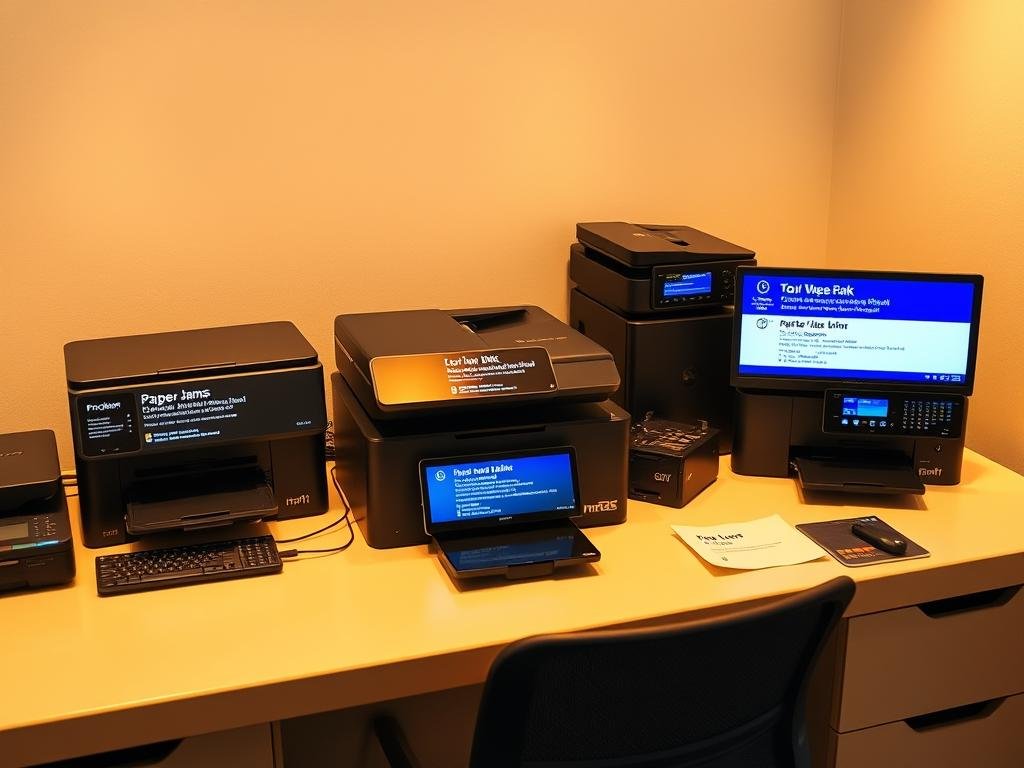 A sleek, modern office desk with various printer models and accessories arranged neatly. On the screen of each printer, a collection of colorful, high-resolution error messages are displayed, ranging from low ink warnings to paper jams. The desk is bathed in warm, diffused lighting, creating a professional and informative atmosphere. The scene is captured from a slightly elevated angle, allowing the viewer to clearly see the detailed error codes and diagnostic information on the printer displays. The overall composition emphasizes the importance of understanding and resolving these common printer issues.